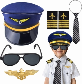 Kids Pilot Costume Accessories Set With Aviator Hat Sunglasses Tie Pin for Aviation Halloween Dress Up