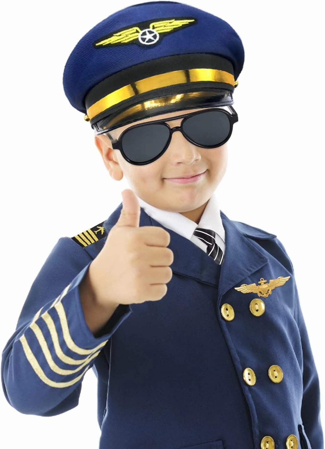Kids Pilot Costume Accessories Set With Aviator Hat Sunglasses Tie Pin for Aviation Halloween Dress Up