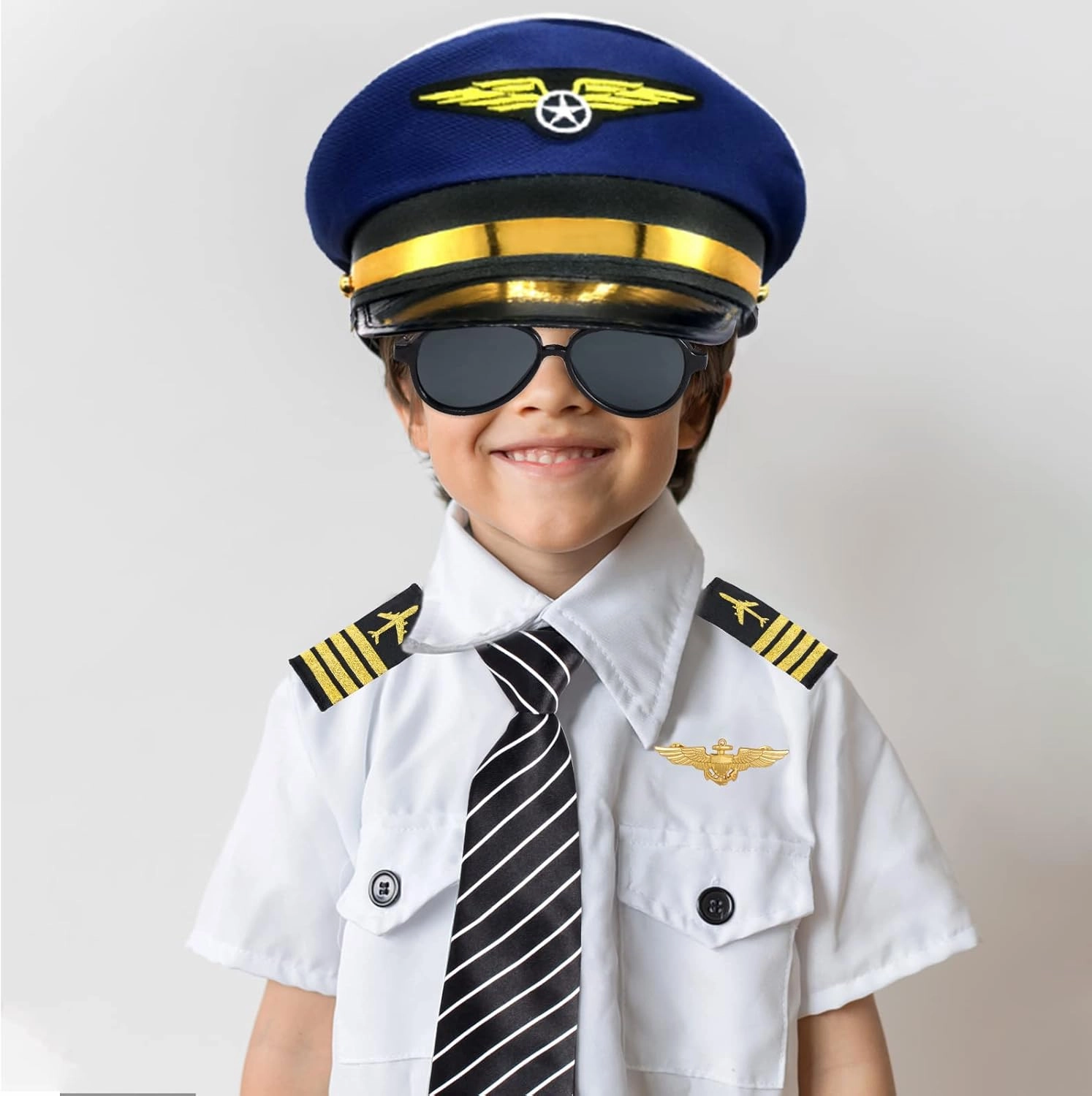 Kids Pilot Costume Accessories Set With Aviator Hat Sunglasses Tie Pin for Aviation Halloween Dress Up