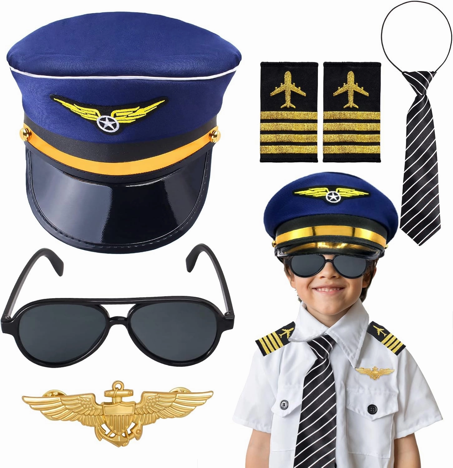Kids Pilot Costume Accessories Set With Aviator Hat Sunglasses Tie Pin for Aviation Halloween Dress Up