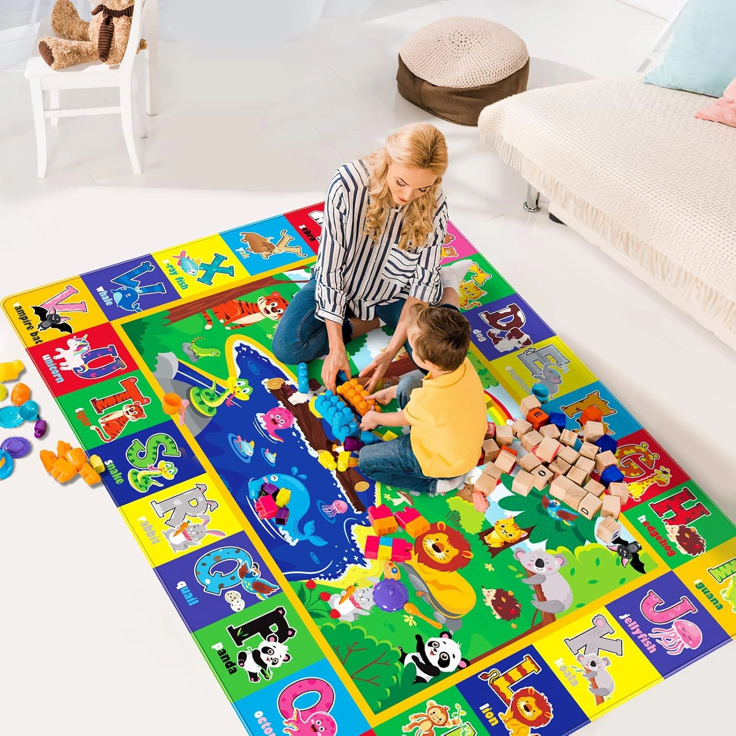 Kids Play Rug - Animals Print Baby Floor Mat, ABC Educational Area Rug for Nursery & Playroom, Soft Non-Toxic Crawling Tummy Time Mat (Green, 78.7X59 INCH)