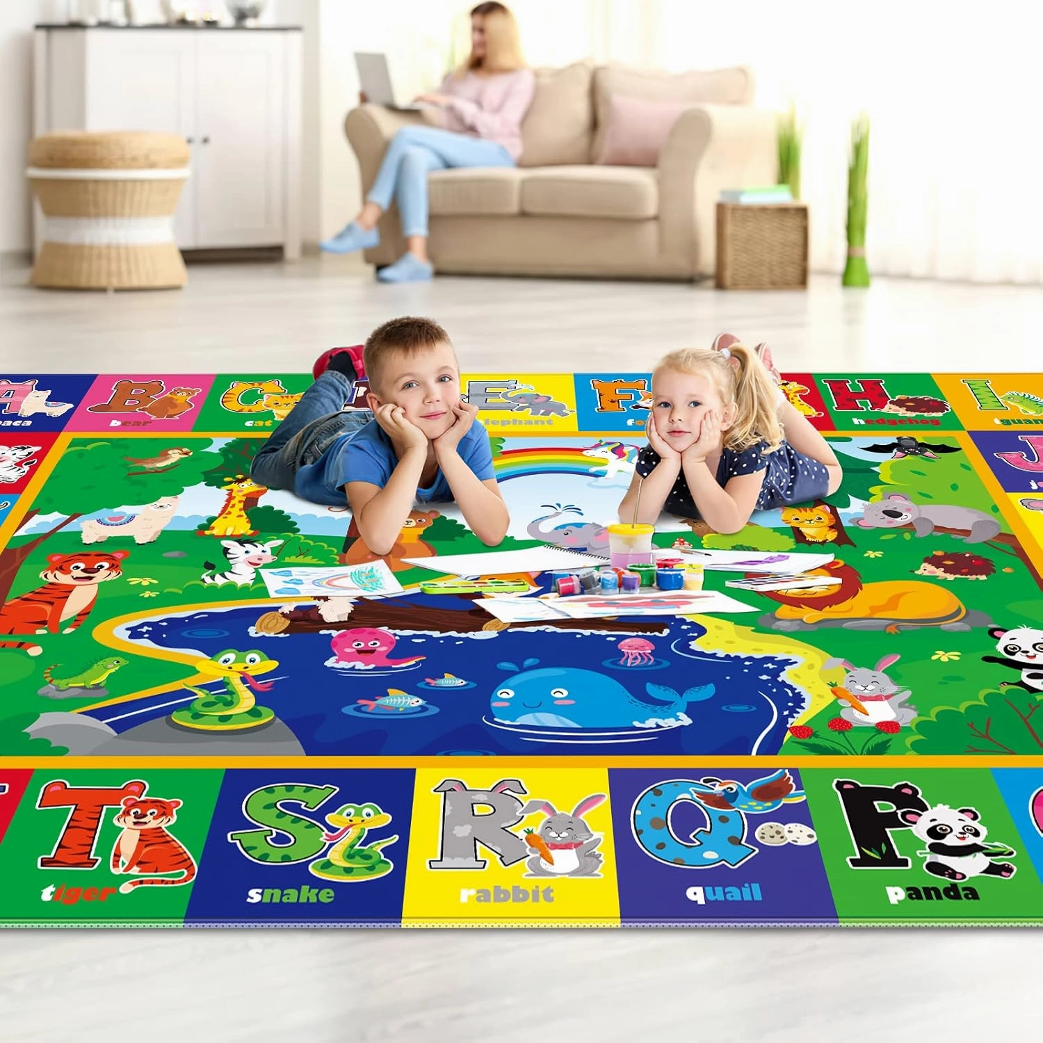 Kids Play Rug - Animals Print Baby Floor Mat, ABC Educational Area Rug for Nursery & Playroom, Soft Non-Toxic Crawling Tummy Time Mat (Green, 78.7X59 INCH)