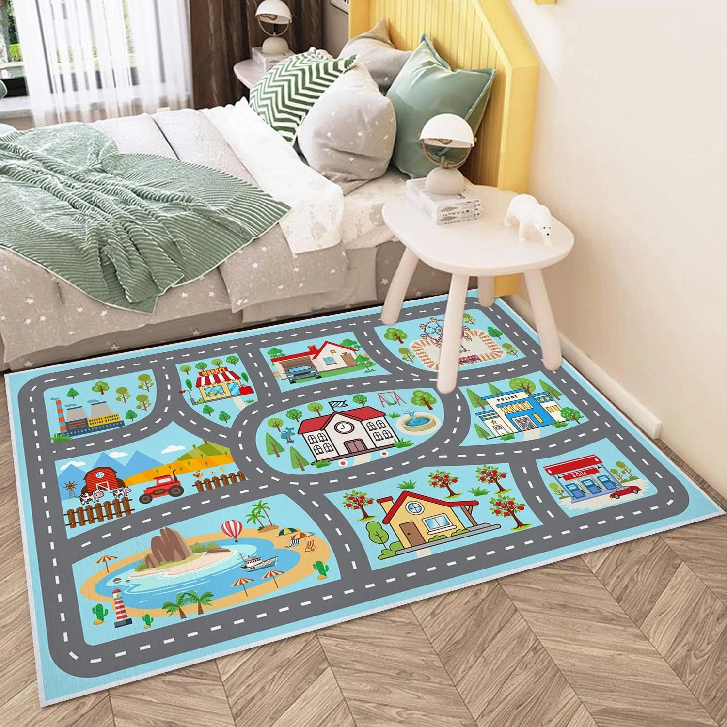 Kids Rug Car Rugs Play Mat Carpet for Kids Toy Cars for Playroom Classroom Kids Room, Educational Area Rugs with Non-Slip Road Traffic Floor Rug Mats, Ideal Gift for Nursery Children Boy Girl
