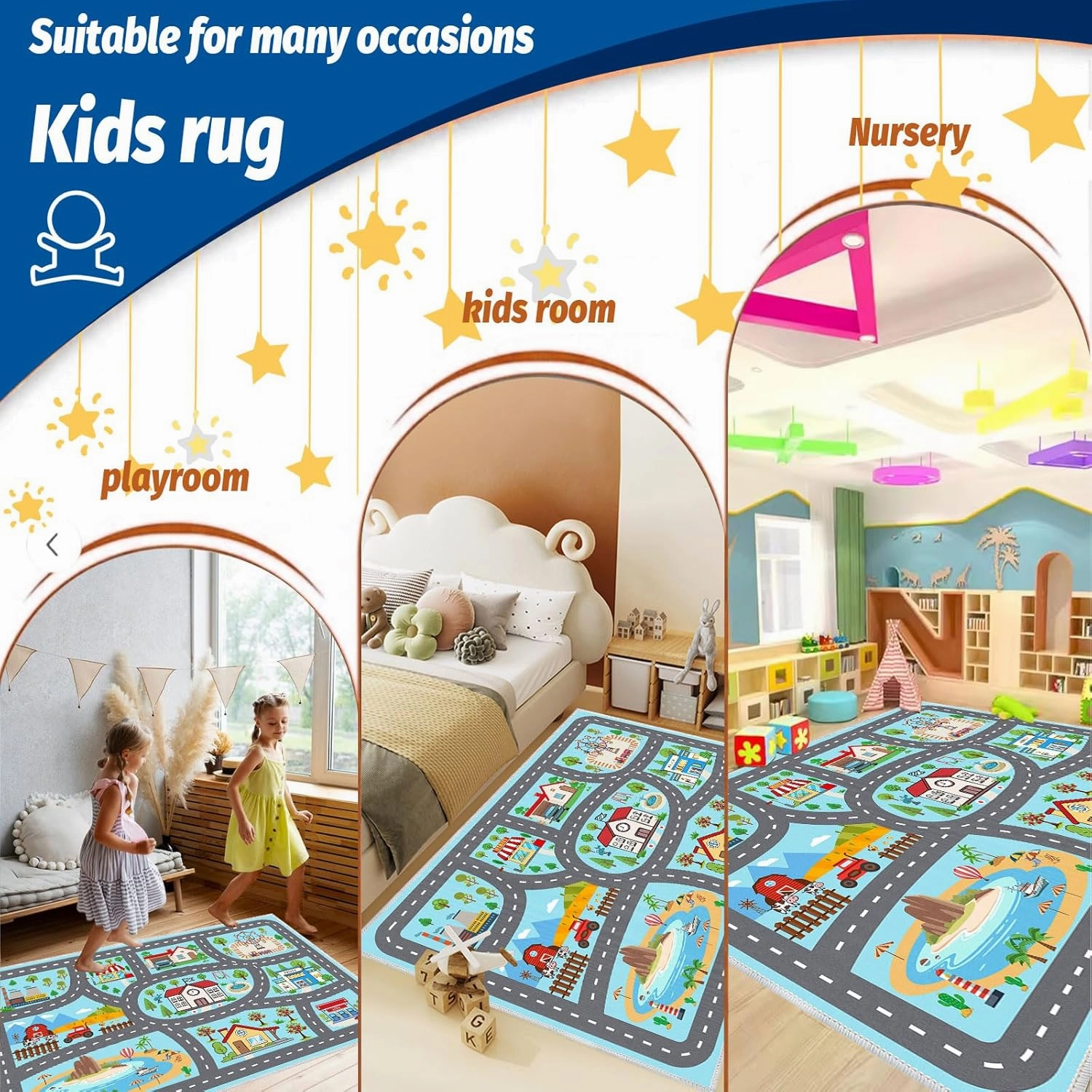 Kids Rug Car Rugs Play Mat Carpet for Kids Toy Cars for Playroom Classroom Kids Room, Educational Area Rugs with Non-Slip Road Traffic Floor Rug Mats, Ideal Gift for Nursery Children Boy Girl