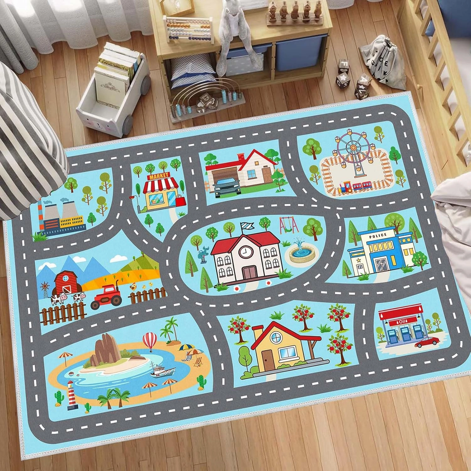 Kids Rug Car Rugs Play Mat Carpet for Kids Toy Cars for Playroom Classroom Kids Room, Educational Area Rugs with Non-Slip Road Traffic Floor Rug Mats, Ideal Gift for Nursery Children Boy Girl