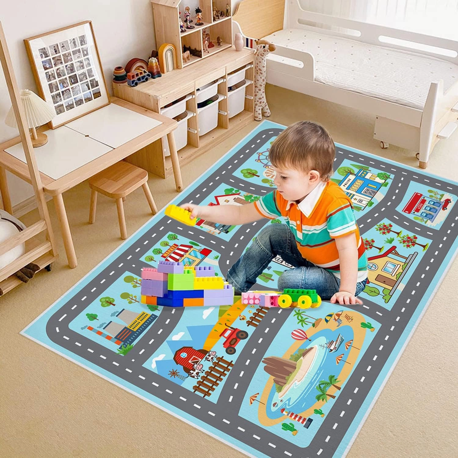 Kids Rug Car Rugs Play Mat Carpet for Kids Toy Cars for Playroom Classroom Kids Room, Educational Area Rugs with Non-Slip Road Traffic Floor Rug Mats, Ideal Gift for Nursery Children Boy Girl
