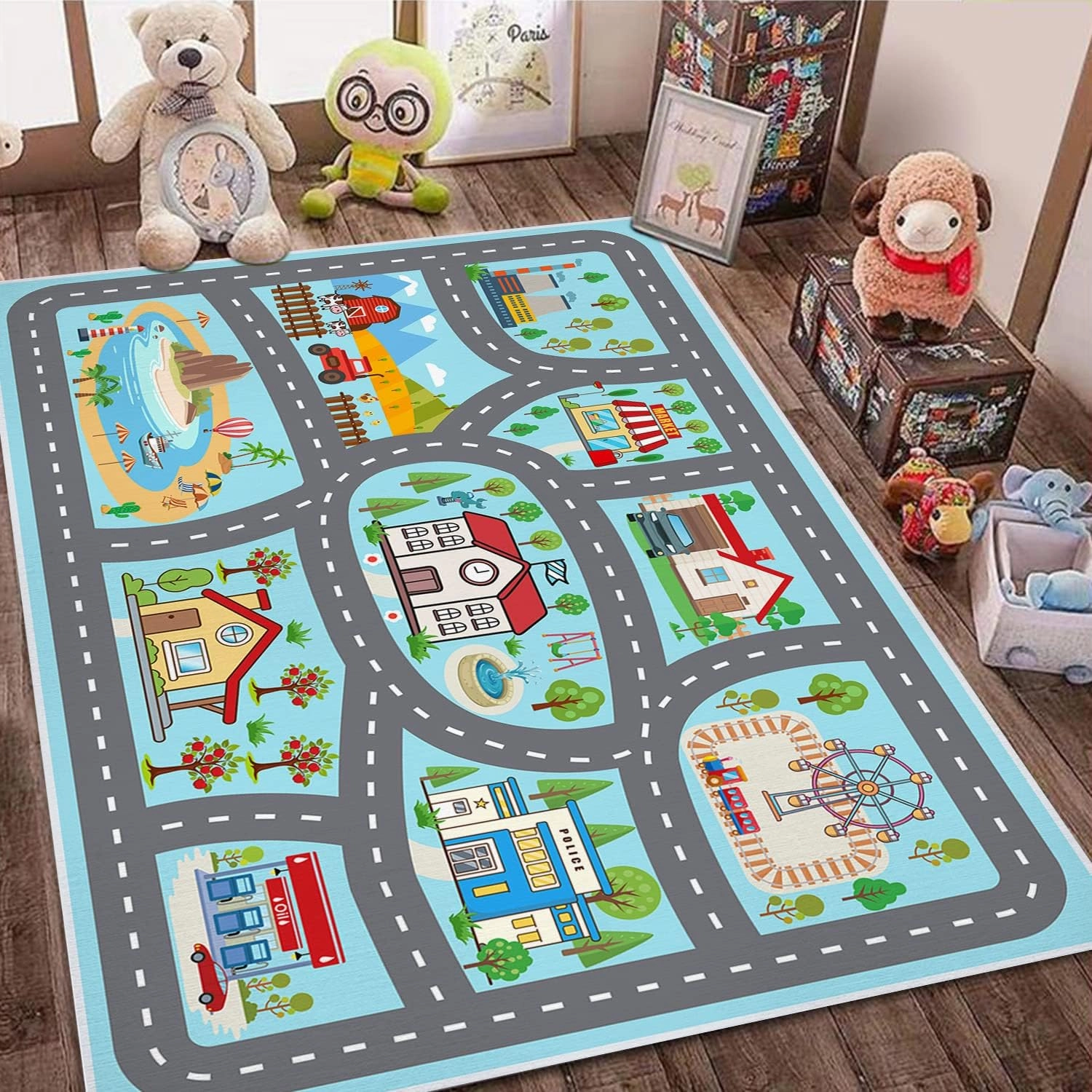 Kids Rug Car Rugs Play Mat Carpet for Kids Toy Cars for Playroom Classroom Kids Room, Educational Area Rugs with Non-Slip Road Traffic Floor Rug Mats, Ideal Gift for Nursery Children Boy Girl