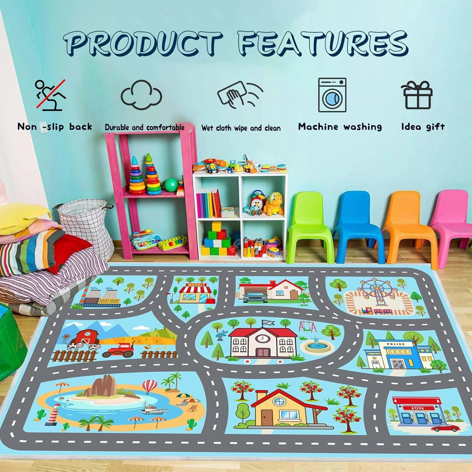 Kids Rug Car Rugs Play Mat Carpet for Kids Toy Cars for Playroom Classroom Kids Room, Educational Area Rugs with Non-Slip Road Traffic Floor Rug Mats, Ideal Gift for Nursery Children Boy Girl