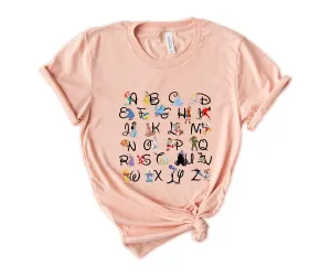 Kindergarden Teacher Alphabet Shirt, Disneyworld Characters from A to Z Shirt, Disneyland Teacher Shirt, Back To School Tee,Disneyland ABC Shirt