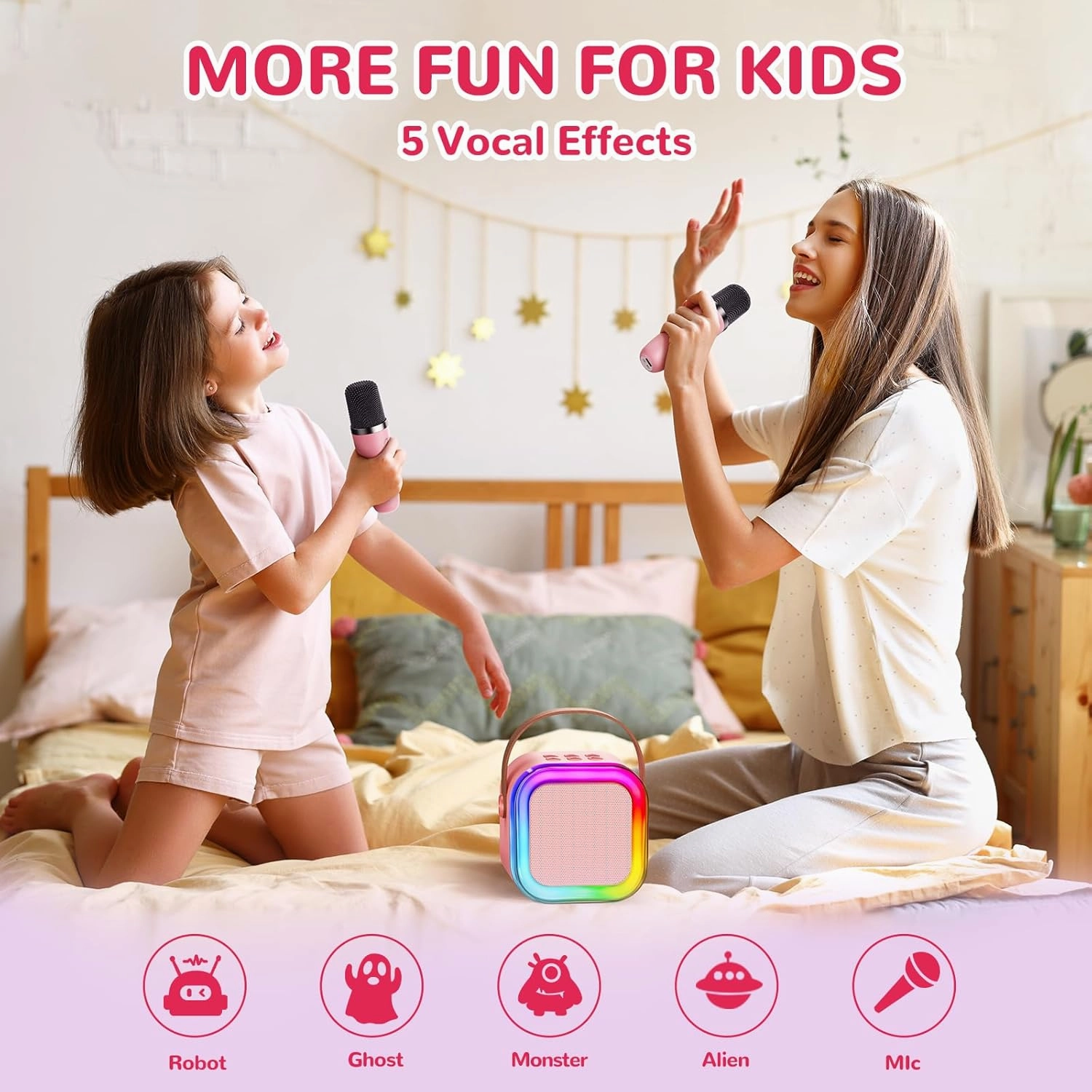 Kinglucky Mini Karaoke Machine for Kids with 2 Wireless Microphones – Fun Voice Effects, Birthday Gift for Girls Ages 3–12, Portable for Family Parties - Pink