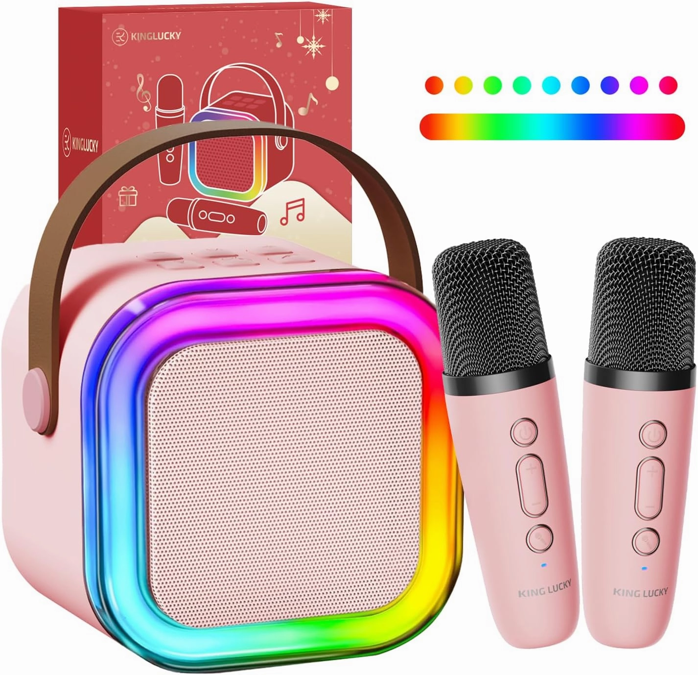 Kinglucky Mini Karaoke Machine for Kids with 2 Wireless Microphones – Fun Voice Effects, Birthday Gift for Girls Ages 3–12, Portable for Family Parties - Pink