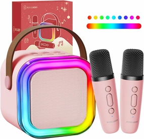 Kinglucky Mini Karaoke Machine for Kids with 2 Wireless Microphones – Fun Voice Effects, Birthday Gift for Girls Ages 3–12, Portable for Family Parties - Pink