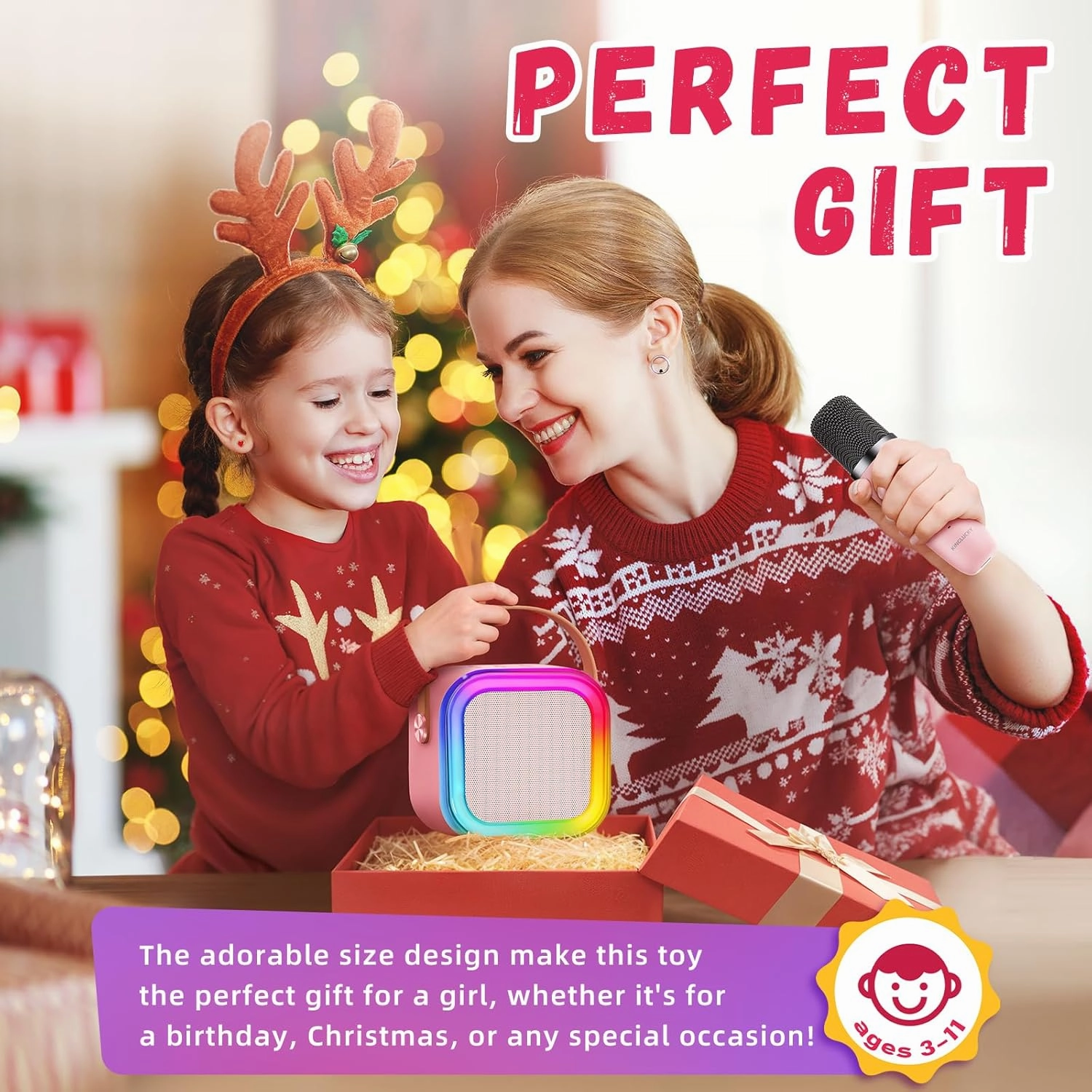 Kinglucky Mini Karaoke Machine for Kids with 2 Wireless Microphones – Fun Voice Effects, Birthday Gift for Girls Ages 3–12, Portable for Family Parties - Pink