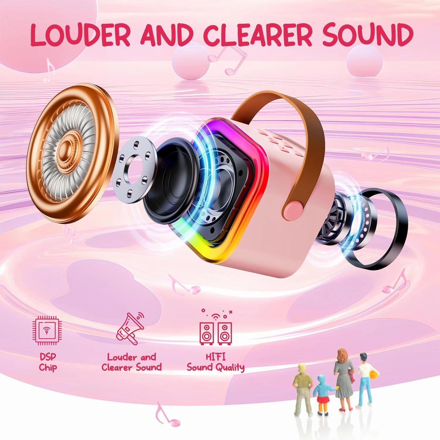 Kinglucky Mini Karaoke Machine for Kids with 2 Wireless Microphones – Fun Voice Effects, Birthday Gift for Girls Ages 3–12, Portable for Family Parties - Pink