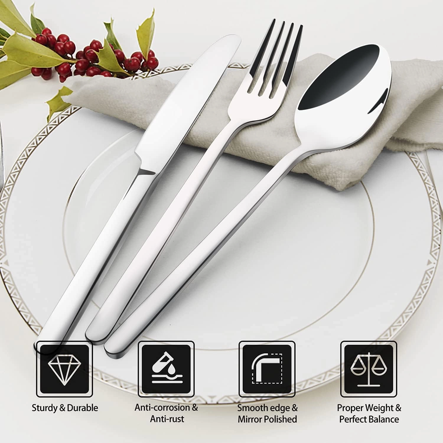 KINGSTONE Silverware Set, 20 Piece Flatware Cutlery Set for 4, 18/10 Stainless Steel Silverware Mirror Polished Dishwasher Safe for Home, Restaurant, Wedding, Party(Silver, 20 pieces for 4)