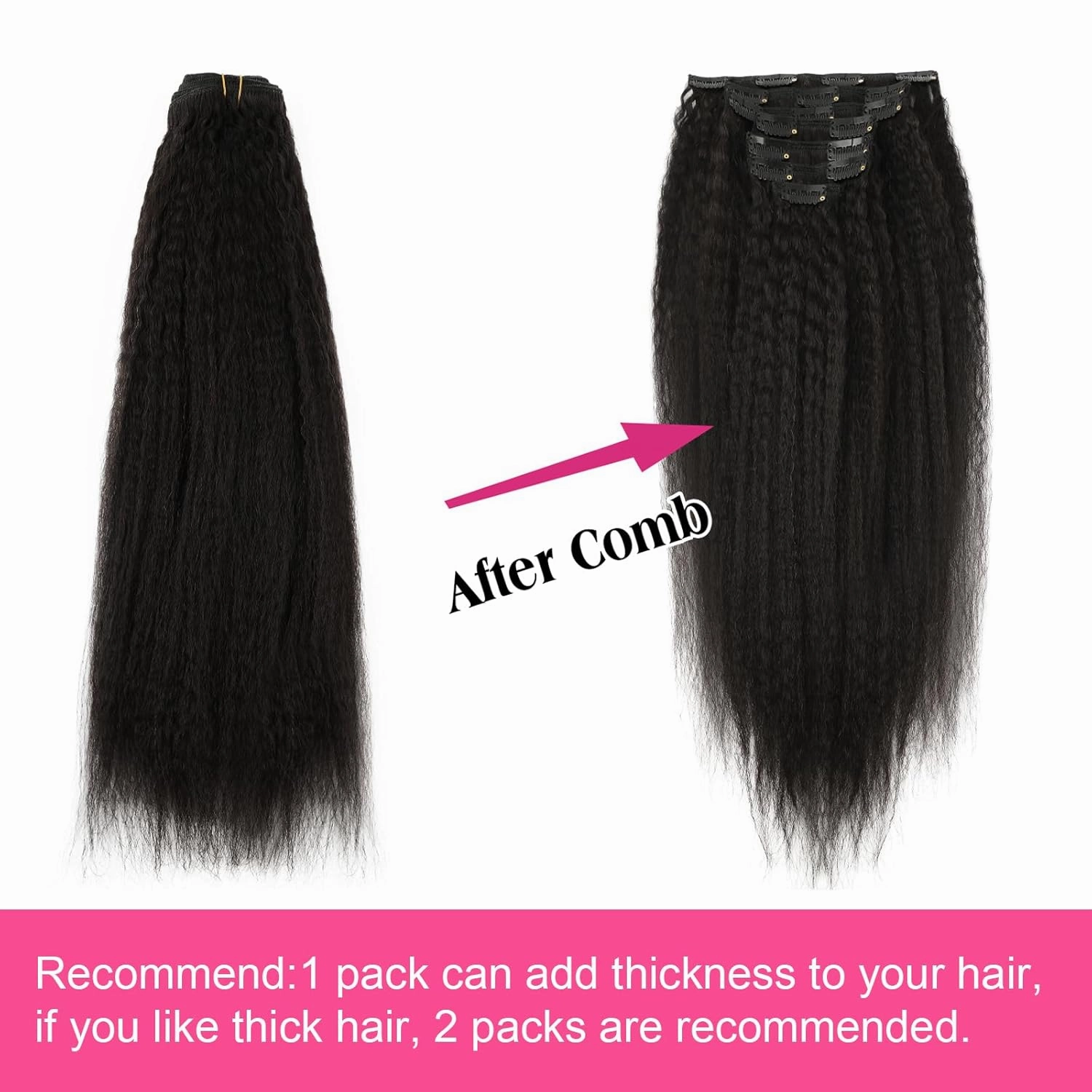 Kinky Straight Clip in Hair Extensions Black Women Real Human Hair Extensions Clip ins Natural Black Double Weft Hair Extensions Kinky Straight Clip ins 14 Inch 7Pcs 120g