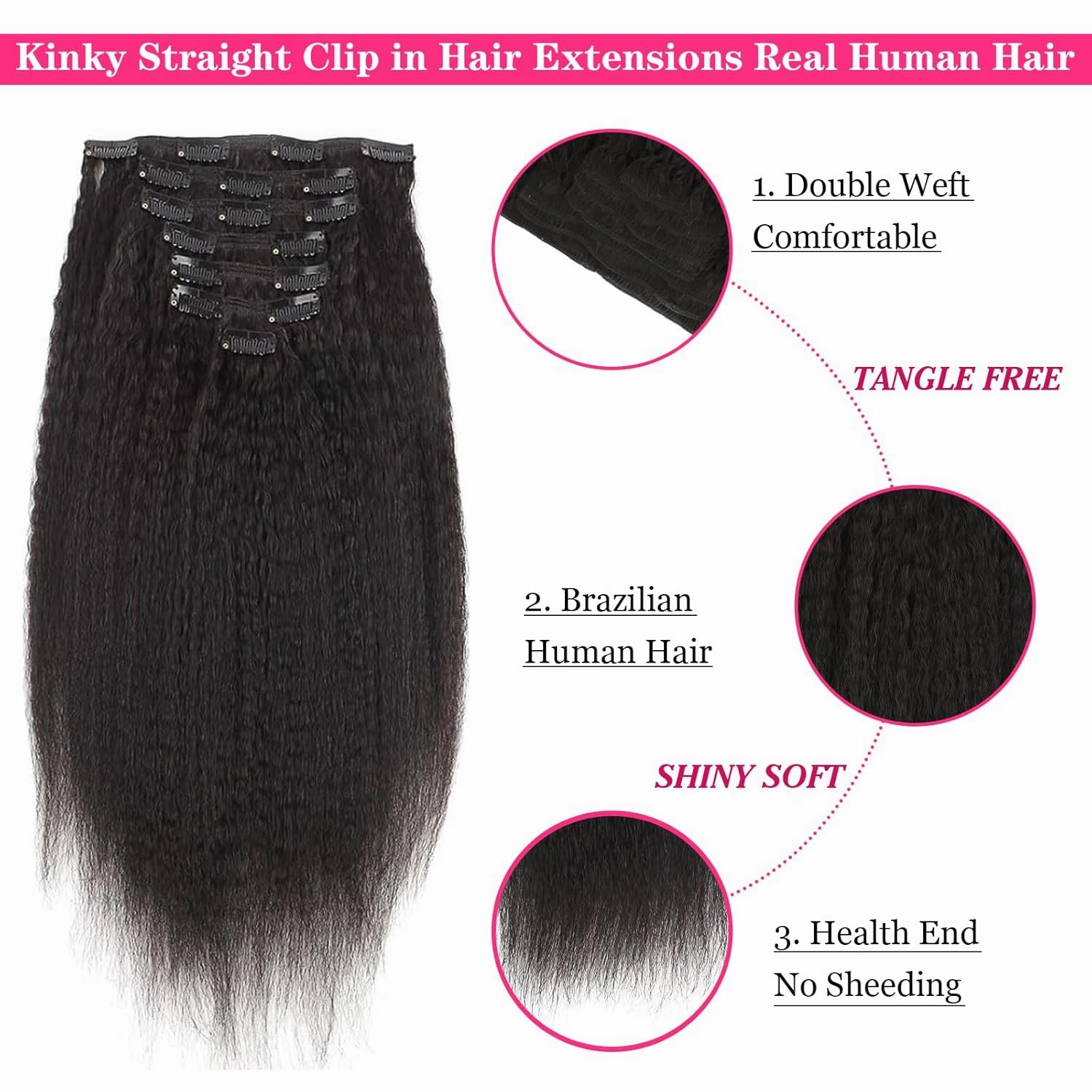 Kinky Straight Clip in Hair Extensions Black Women Real Human Hair Extensions Clip ins Natural Black Double Weft Hair Extensions Kinky Straight Clip ins 14 Inch 7Pcs 120g