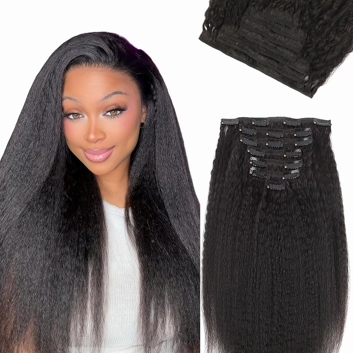 Kinky Straight Clip in Hair Extensions Black Women Real Human Hair Extensions Clip ins Natural Black Double Weft Hair Extensions Kinky Straight Clip ins 14 Inch 7Pcs 120g