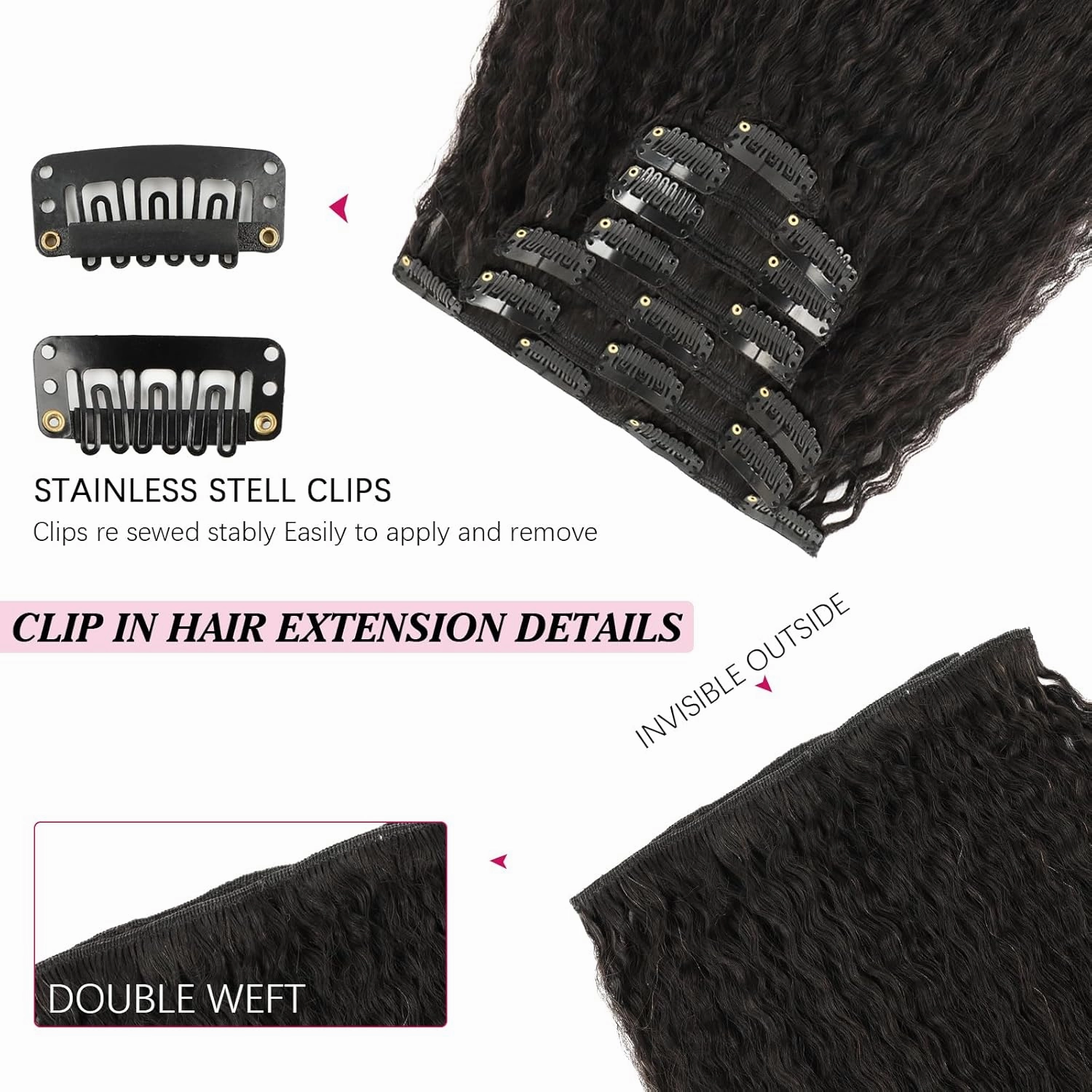 Kinky Straight Clip in Hair Extensions Black Women Real Human Hair Extensions Clip ins Natural Black Double Weft Hair Extensions Kinky Straight Clip ins 14 Inch 7Pcs 120g