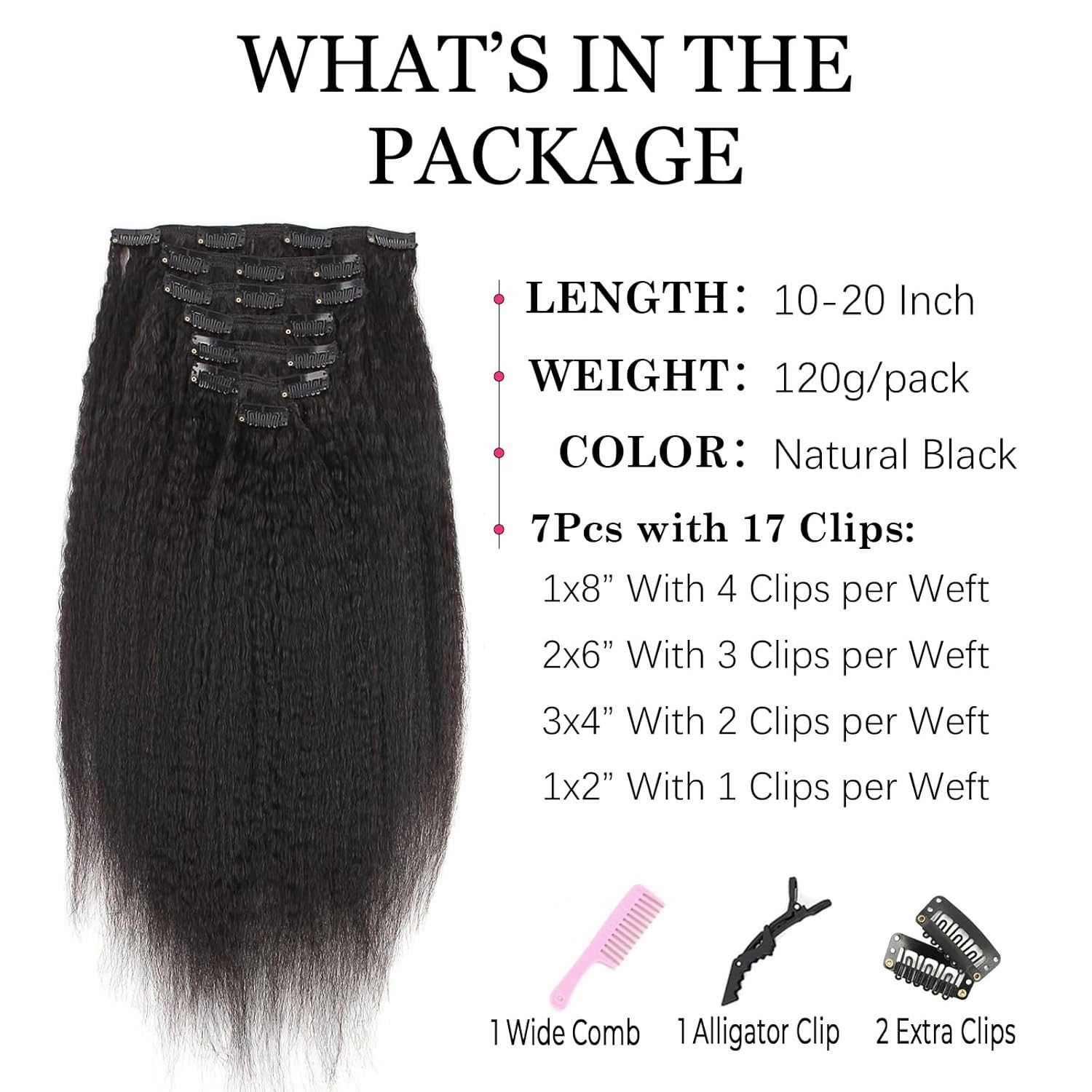 Kinky Straight Clip in Hair Extensions Black Women Real Human Hair Extensions Clip ins Natural Black Double Weft Hair Extensions Kinky Straight Clip ins 14 Inch 7Pcs 120g