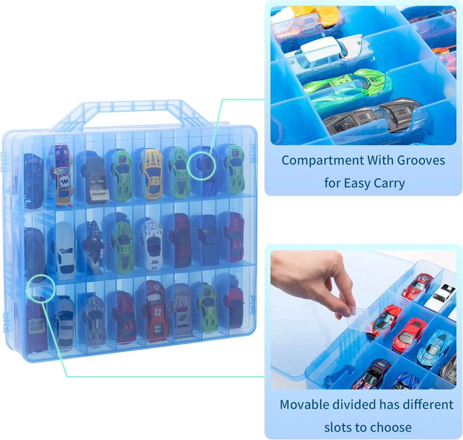 KISLANE Double Sided Storage Case for 48 Cars, Matchbox Cars, Mini Toys, Small Dolls - Portable Transparent Case (Blue)