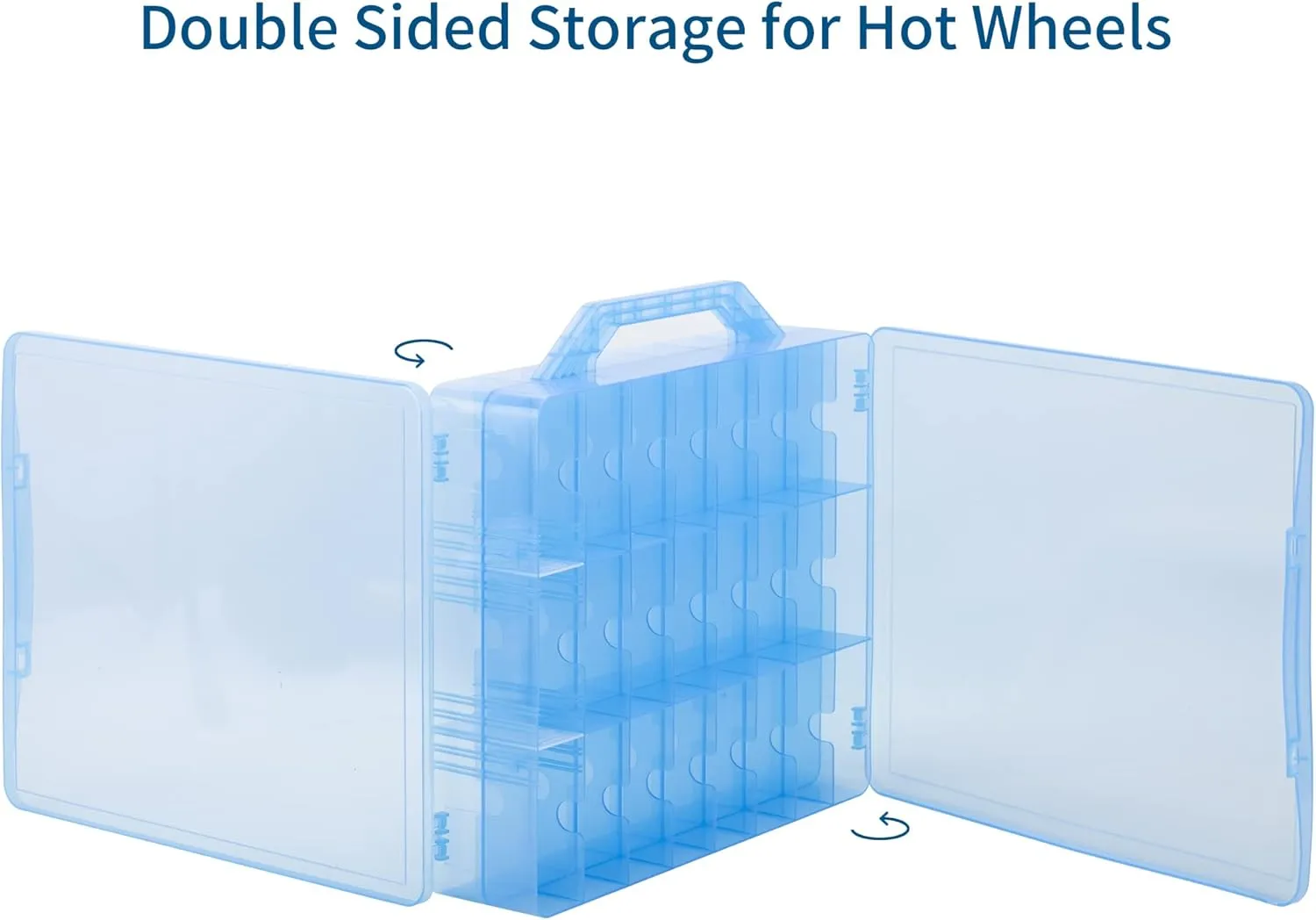 KISLANE Double Sided Storage Case for 48 Cars, Matchbox Cars, Mini Toys, Small Dolls - Portable Transparent Case (Blue)