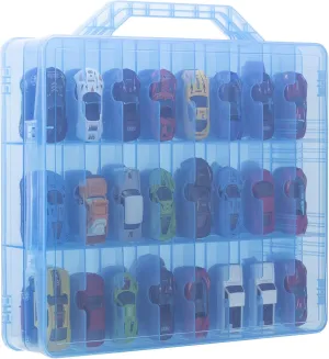 KISLANE Double Sided Storage Case for 48 Cars, Matchbox Cars, Mini Toys, Small Dolls - Portable Transparent Case (Blue)