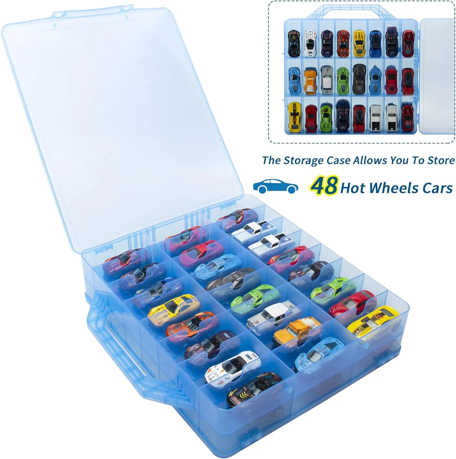 KISLANE Double Sided Storage Case for 48 Cars, Matchbox Cars, Mini Toys, Small Dolls - Portable Transparent Case (Blue)