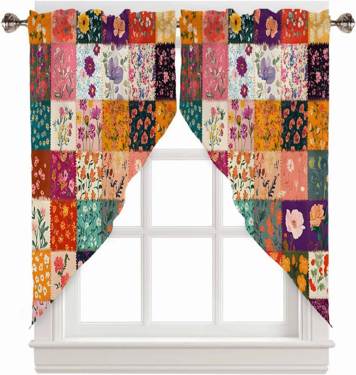 Kitchen Curtains Vintage Flowers Spring Rectangular Stitching Window Valance Set,Rod Pocket Curtains Swag for Bedroom Living Room,Swag Valances 28"x36"