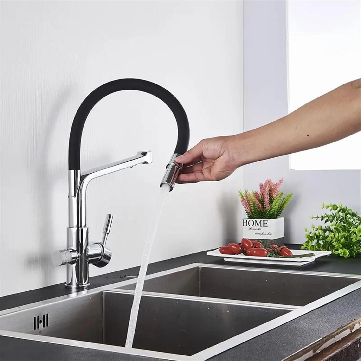 Kitchen Purified Faucets Filter Mixer Tap Cold Rotation Sink Faucet Pull Down Mixer Crane with 2 Spout(Shiny Gold)
