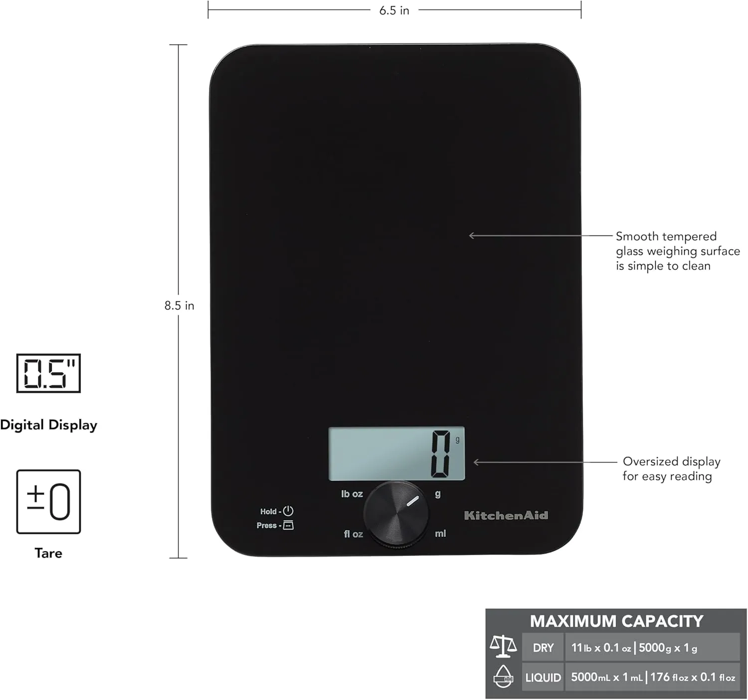KitchenAid KQ914BA Digital Glass Top Kitchen and Food Scale, 11 lb Capacity, Measures Liquid & Dry Ingredients, Rotating Knob, Precise Results for Baking, Cooking, Keto and Meal Prep, Tare, Black