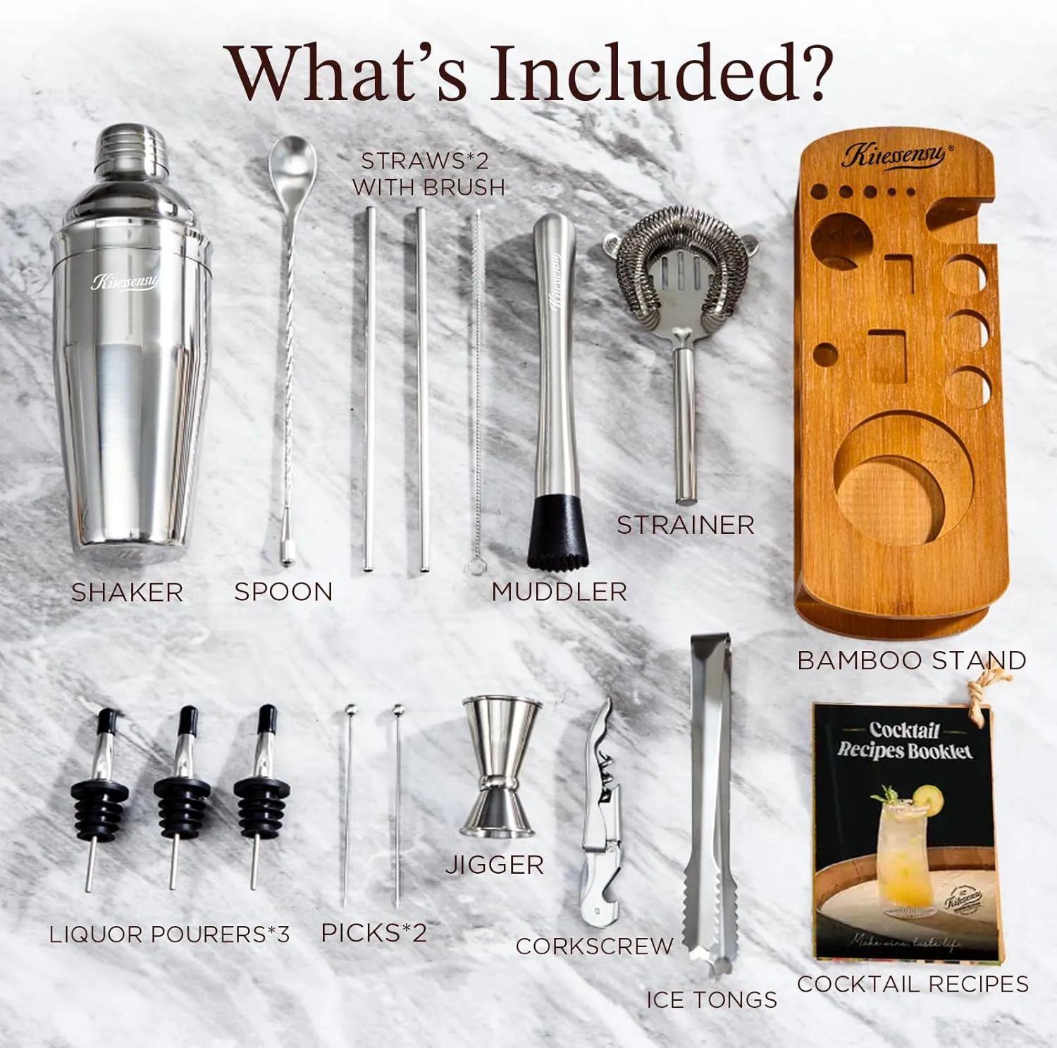 KITESSENSU Cocktail Shaker Set Bartender Kit with Stand | Bar Set Drink Mixer Set with All Essential Accessory Tools: Martini Shaker, Jigger, Strainer, Mixer Spoon, Muddler, Liquor Pourers |Silver