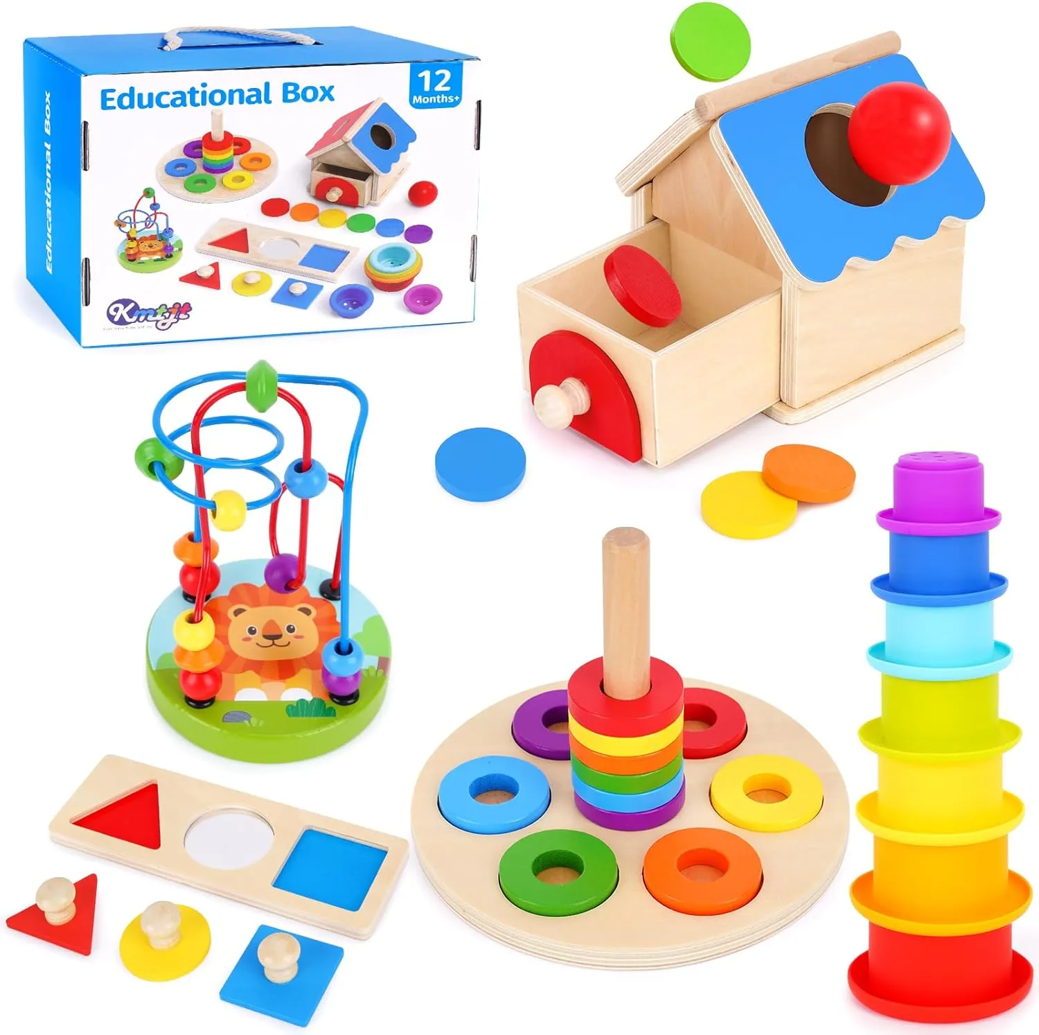 KMTJT Montessori Educational Toys for 1  Year Old Toddler, 1st First Birthday Gifts for 1-2 Years, (Includes Stacking Cups, 2 in 1 Object Permanence Box, Bead Maze, Mirror Puzzle and More)…