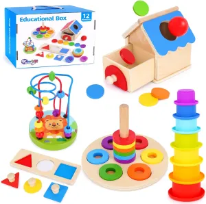 KMTJT Montessori Educational Toys for 1  Year Old Toddler, 1st First Birthday Gifts for 1-2 Years, (Includes Stacking Cups, 2 in 1 Object Permanence Box, Bead Maze, Mirror Puzzle and More)…
