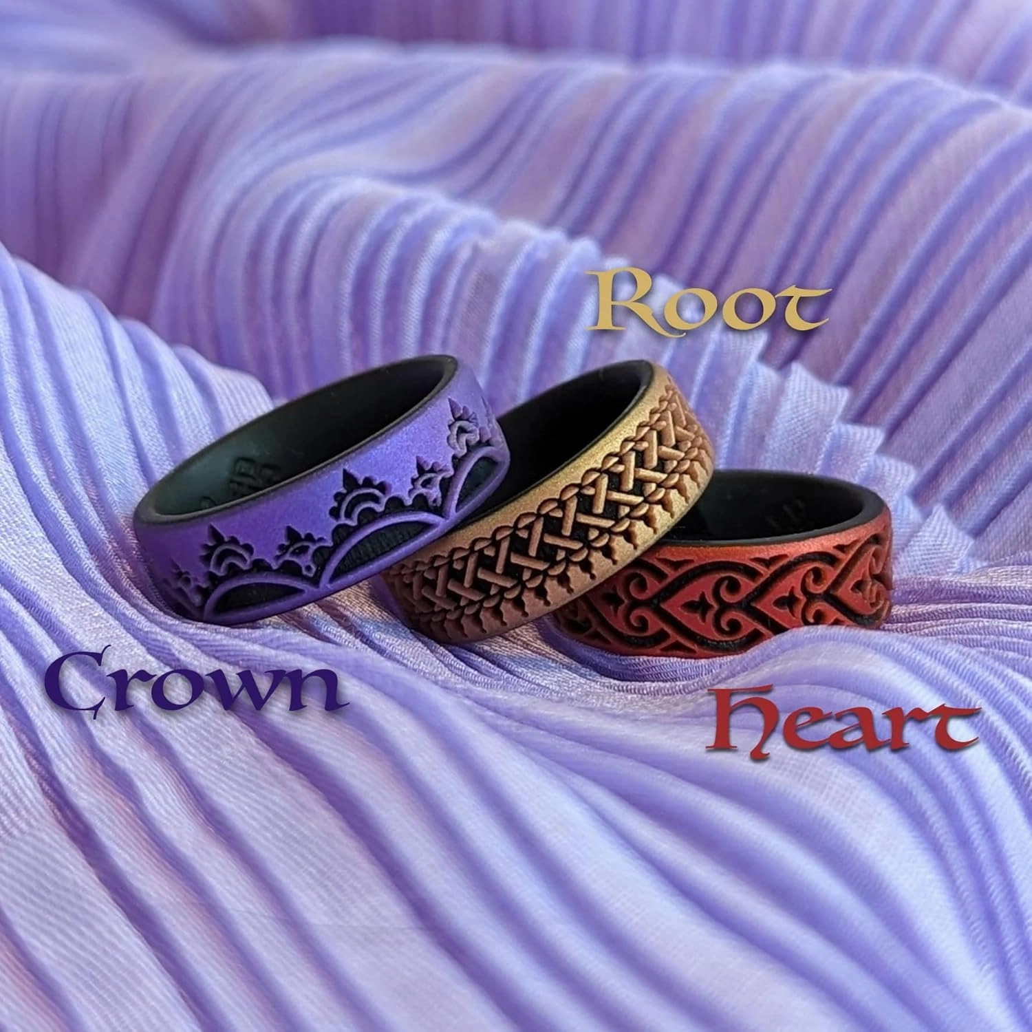 Knot Theory Henna Crown, Root, Heart Silicone Ring for Men Women - Dual Layer Engraving - Breathable Comfort Fit 6mm Rubber Wedding Band