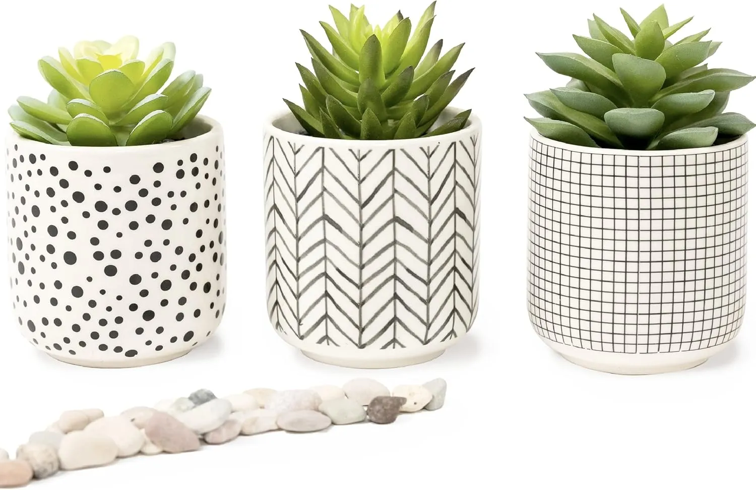 Kurrajong Farmhouse Artificial Succulents in Pots | Set of 3 Black and White Pots | Faux Plants Indoor for Desk Decor | 4.75" High