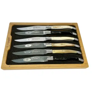 Laguiole en Aubrac Handcrafted 6-Piece Steak Knife Set with Mixed Horn Handles