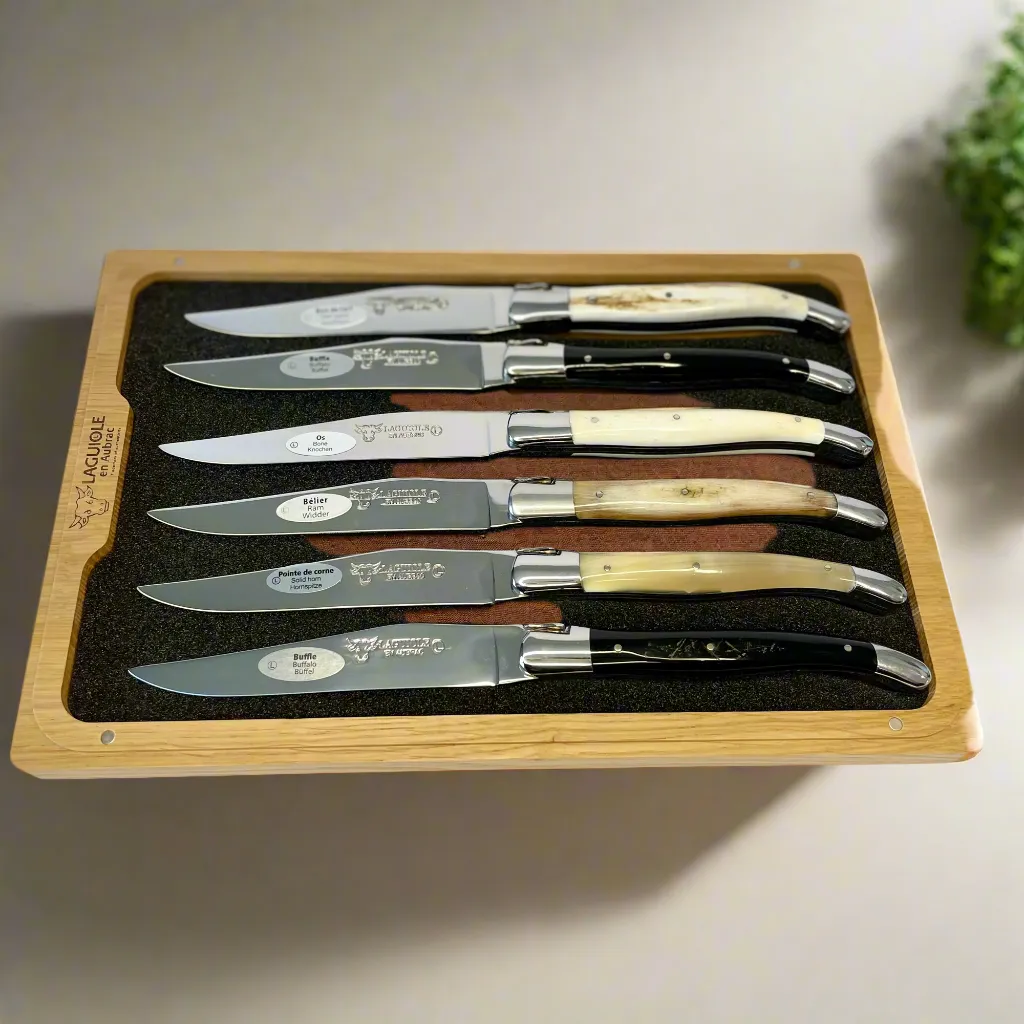 Laguiole en Aubrac Handcrafted 6-Piece Steak Knife Set with Mixed Horn Handles