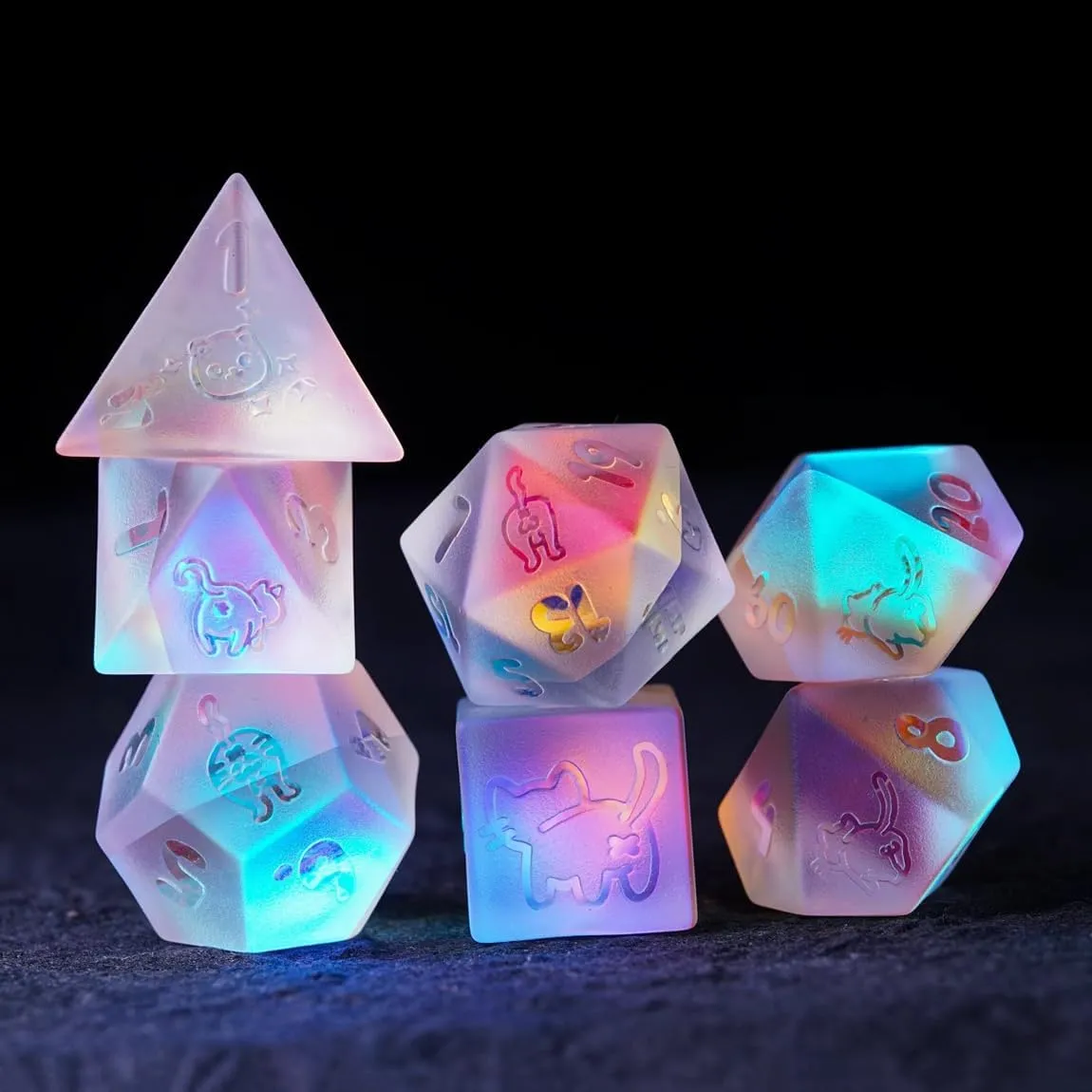 LANGWEI 7Pcs,DND Dice Set, Pretty Crystal D&D Polyhedral Dice with Cute Cat Pattern, Role Playing Dice for TRPG Table Games DND Dungeons and Dragons Games,Creative Gifts