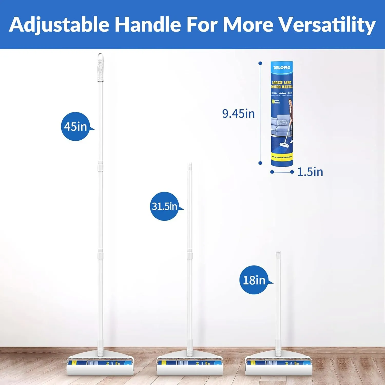 Large Lint Rollers for Carpet, Sticky Rollers for Floor DELOMO 9.45 in with 3 Extendable Handle,Long Handle Sticky Mop for Cleaning Carpets, Cars, Clothing, and Pet Hair