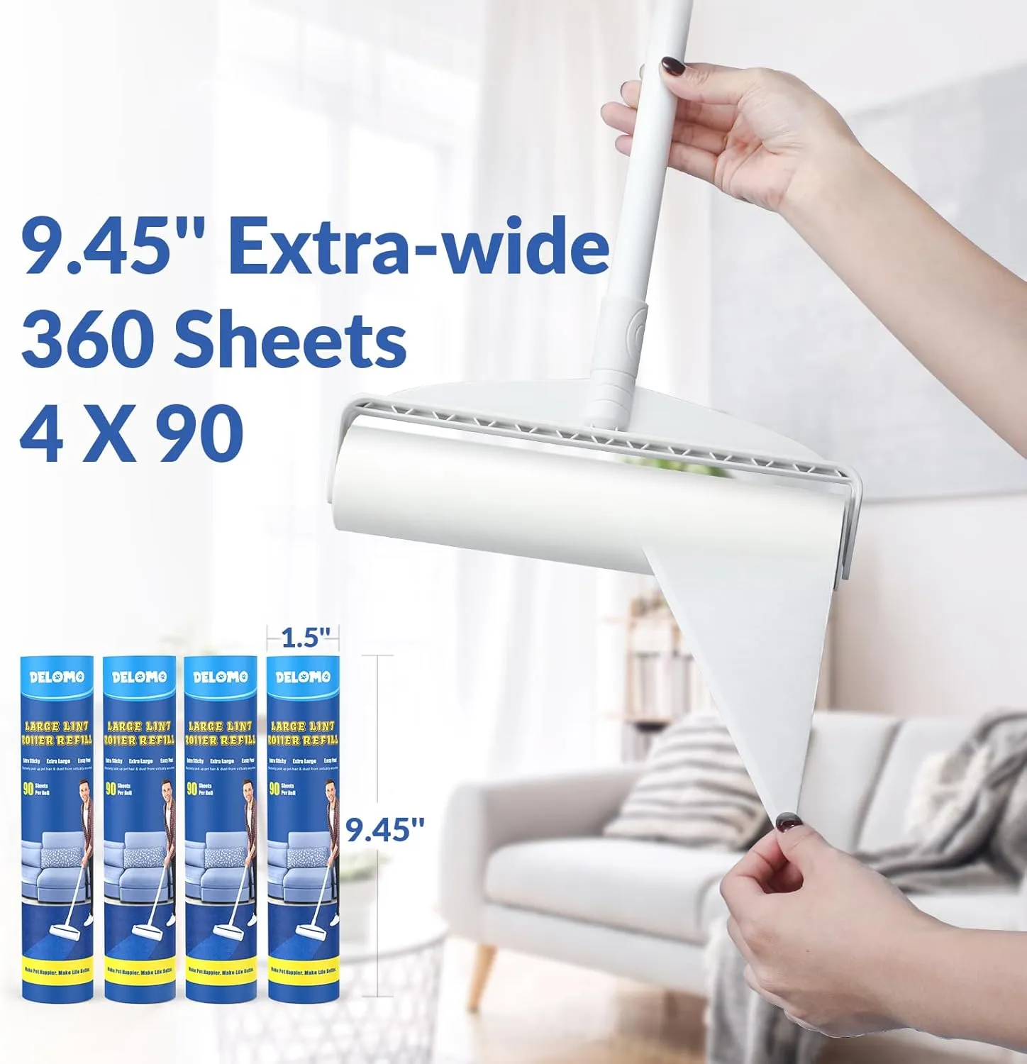 Large Lint Rollers for Carpet, Sticky Rollers for Floor DELOMO 9.45 in with 3 Extendable Handle,Long Handle Sticky Mop for Cleaning Carpets, Cars, Clothing, and Pet Hair