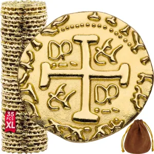 Large Metal Pirate Coins – 35 Gold Treasure Coin Set, Metal Replica Spanish Doubloons for Board Games, Tokens, Toys, Cosplay – Realistic Money Imitation for Treasure Chest - Size 1.18"