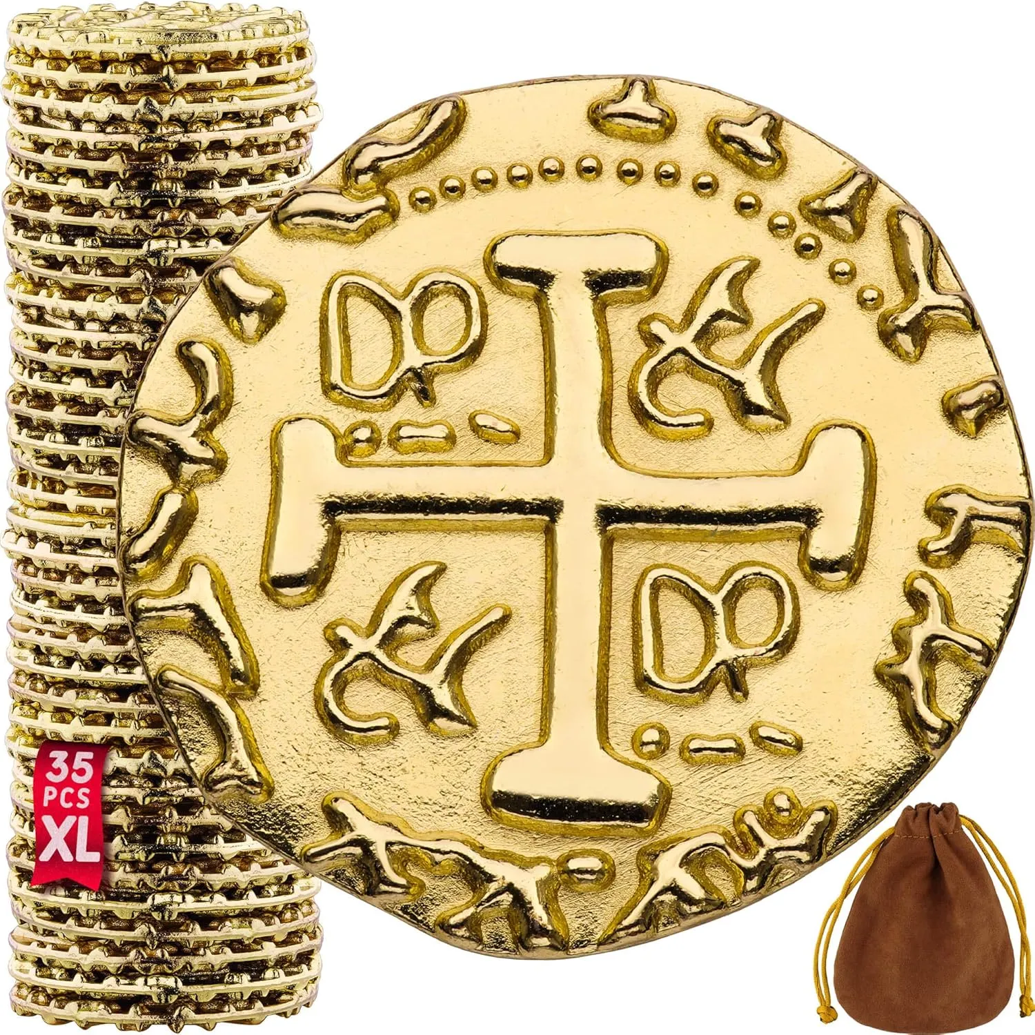 Large Metal Pirate Coins – 35 Gold Treasure Coin Set, Metal Replica Spanish Doubloons for Board Games, Tokens, Toys, Cosplay – Realistic Money Imitation for Treasure Chest - Size 1.18"
