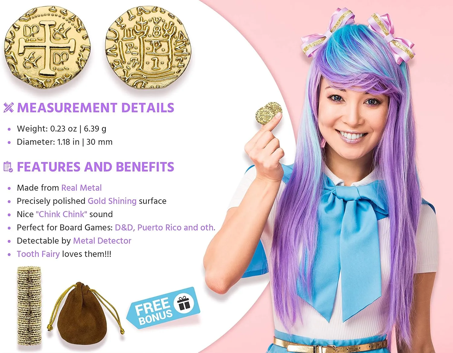 Large Metal Pirate Coins – 35 Gold Treasure Coin Set, Metal Replica Spanish Doubloons for Board Games, Tokens, Toys, Cosplay – Realistic Money Imitation for Treasure Chest - Size 1.18"