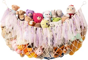 Large Stuffed Animal Hammock, 59'' L Wall Hanging Net for Stuffed Animal Storage, Boho Macrame Toy Net Hammock for Kids Girls Bedroom Nursery Decor Plushie Teddy Bear Storage - Purple