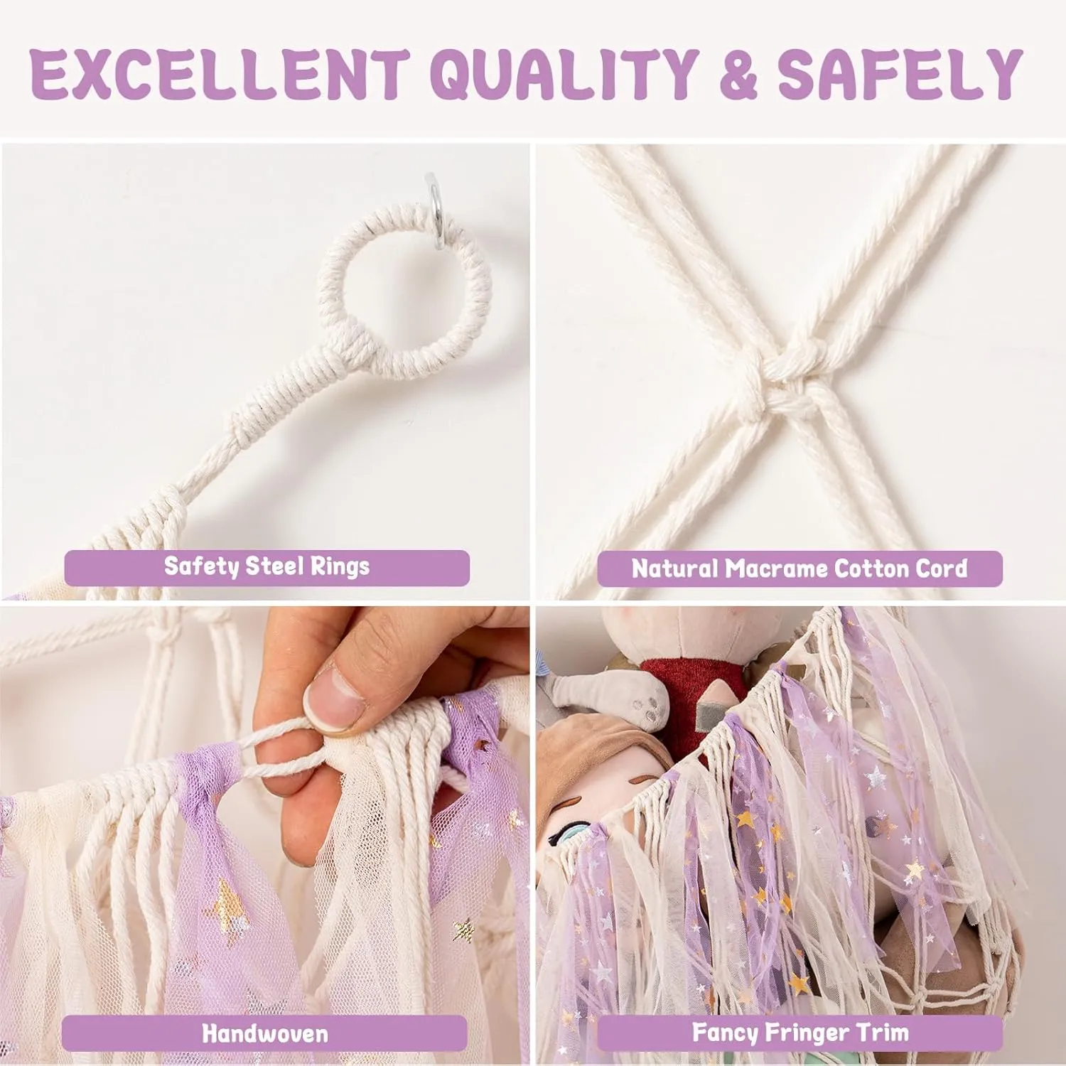 Large Stuffed Animal Hammock, 59'' L Wall Hanging Net for Stuffed Animal Storage, Boho Macrame Toy Net Hammock for Kids Girls Bedroom Nursery Decor Plushie Teddy Bear Storage - Purple