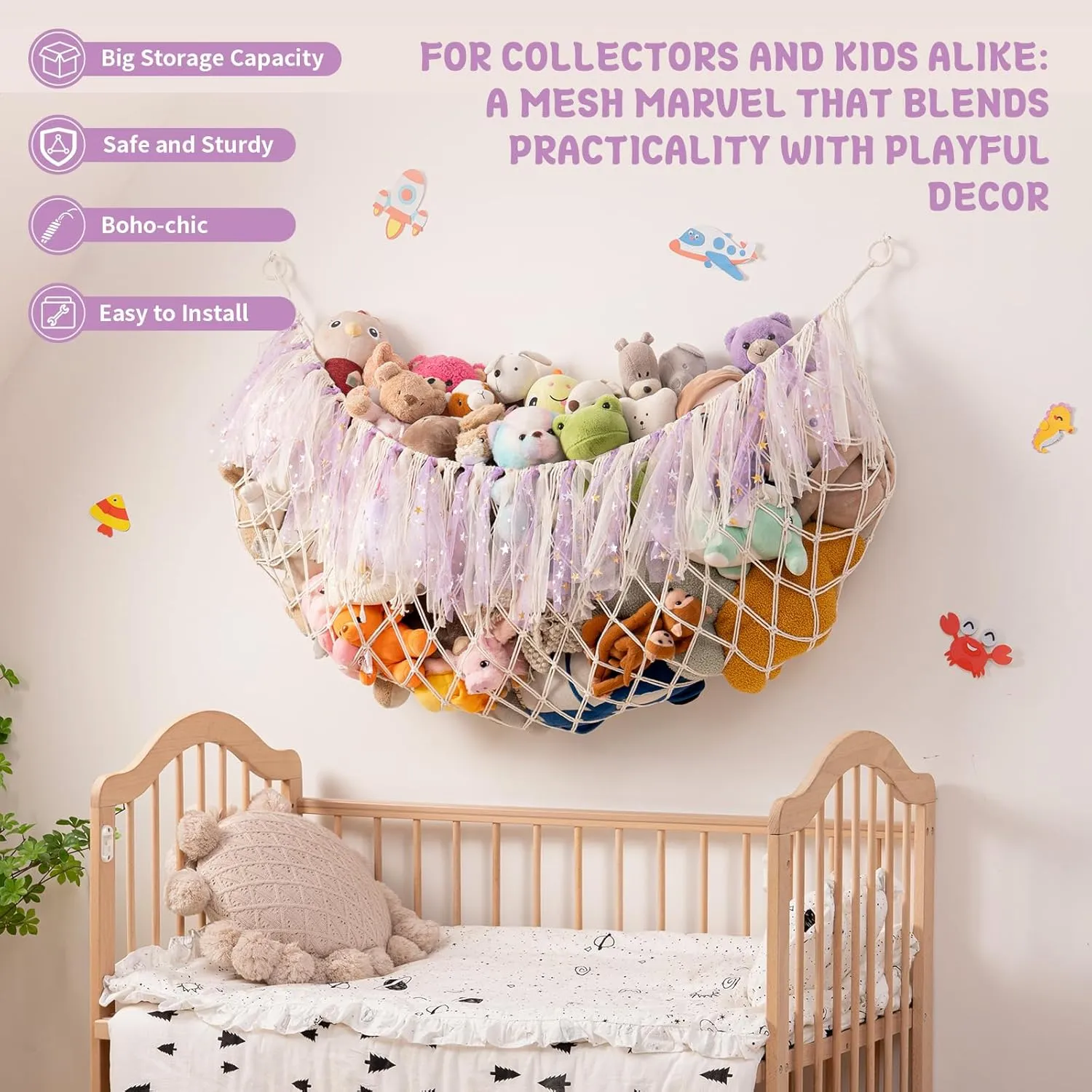 Large Stuffed Animal Hammock, 59'' L Wall Hanging Net for Stuffed Animal Storage, Boho Macrame Toy Net Hammock for Kids Girls Bedroom Nursery Decor Plushie Teddy Bear Storage - Purple