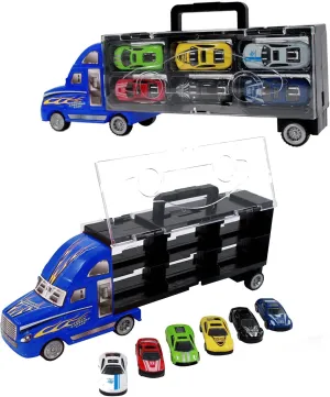 Large Toy Truck Transport Vehicle Set with 6 Metal Alloy Stylish Friction Powered Racing Cars for Toddlers, Kids, Children