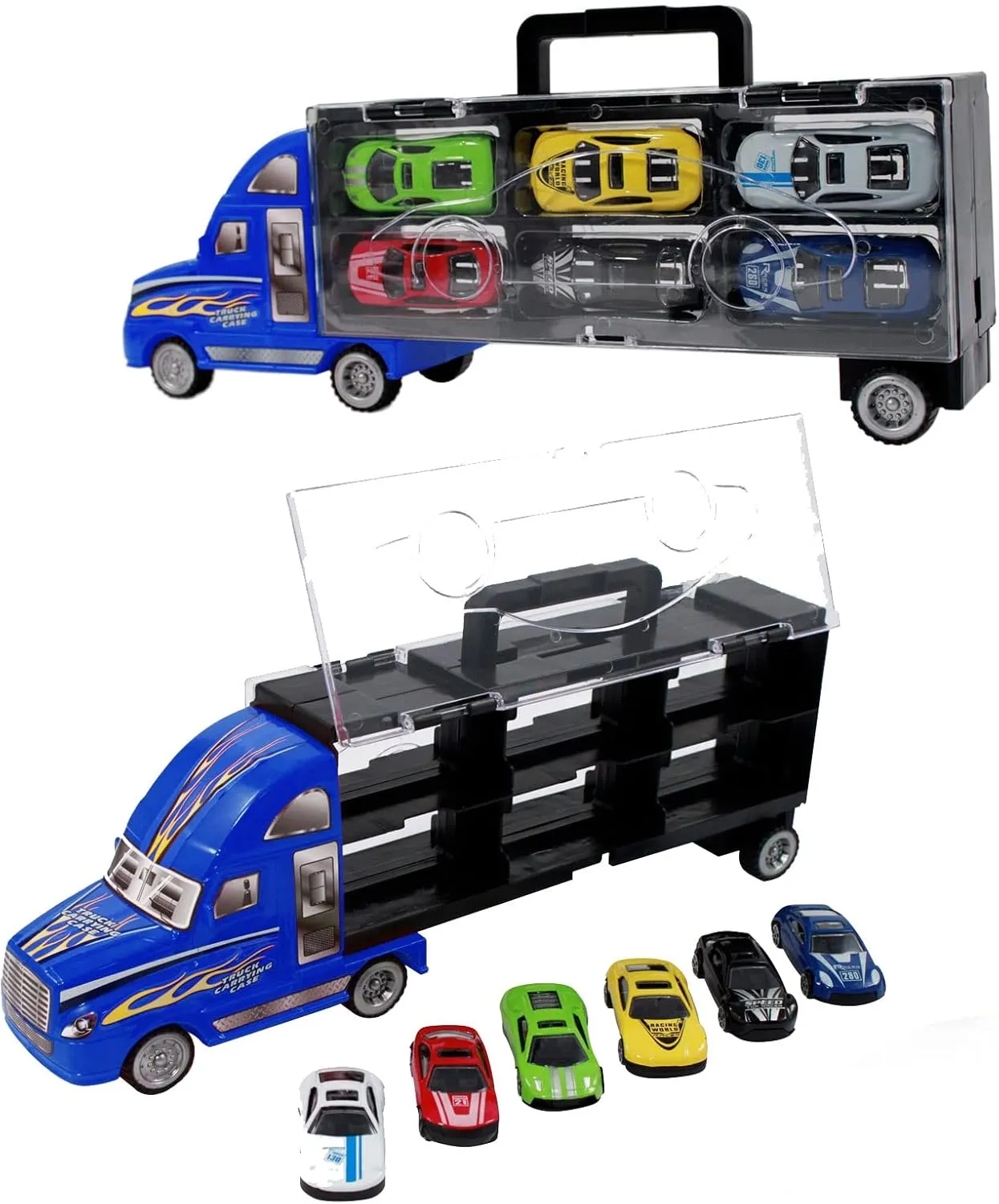 Large Toy Truck Transport Vehicle Set with 6 Metal Alloy Stylish Friction Powered Racing Cars for Toddlers, Kids, Children