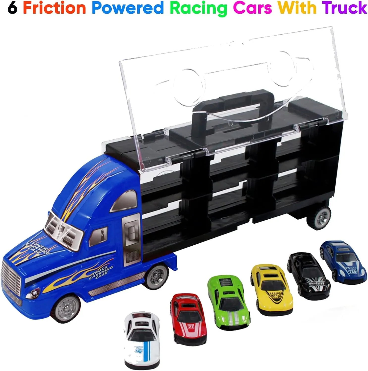 Large Toy Truck Transport Vehicle Set with 6 Metal Alloy Stylish Friction Powered Racing Cars for Toddlers, Kids, Children